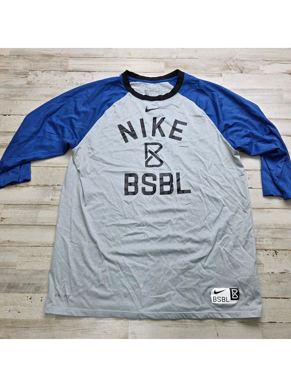 Nike Dri-FIT BSBL Baseball Raglan Shirt L Gray Blue Short Sleeve Athletic